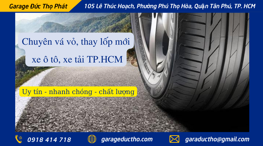 Dịch vụ vá vỏ, thay lốp mới cho xe ô tô, xe tải tại garage Đức Thọ